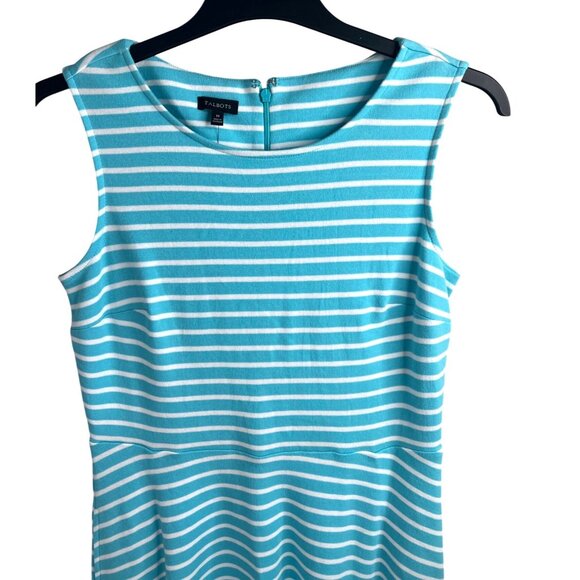 Talbots Edie Knit Fit & Flare Stripe Sleeveless Dress Turquoise & White Medium - Picture 14 of 15